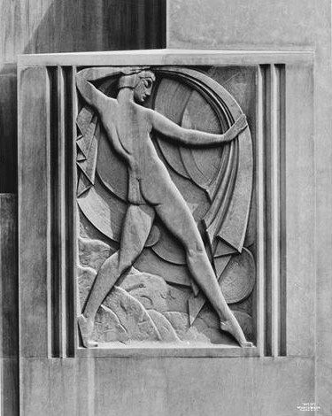 Relief sculpture of a lithe figure in a dancing-like pose