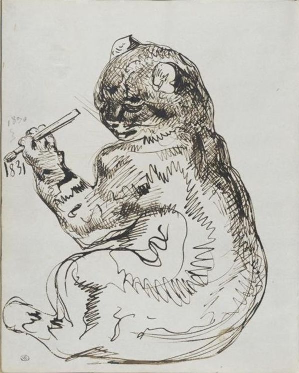 Drawing of a cat writing the date 1831 with a brush