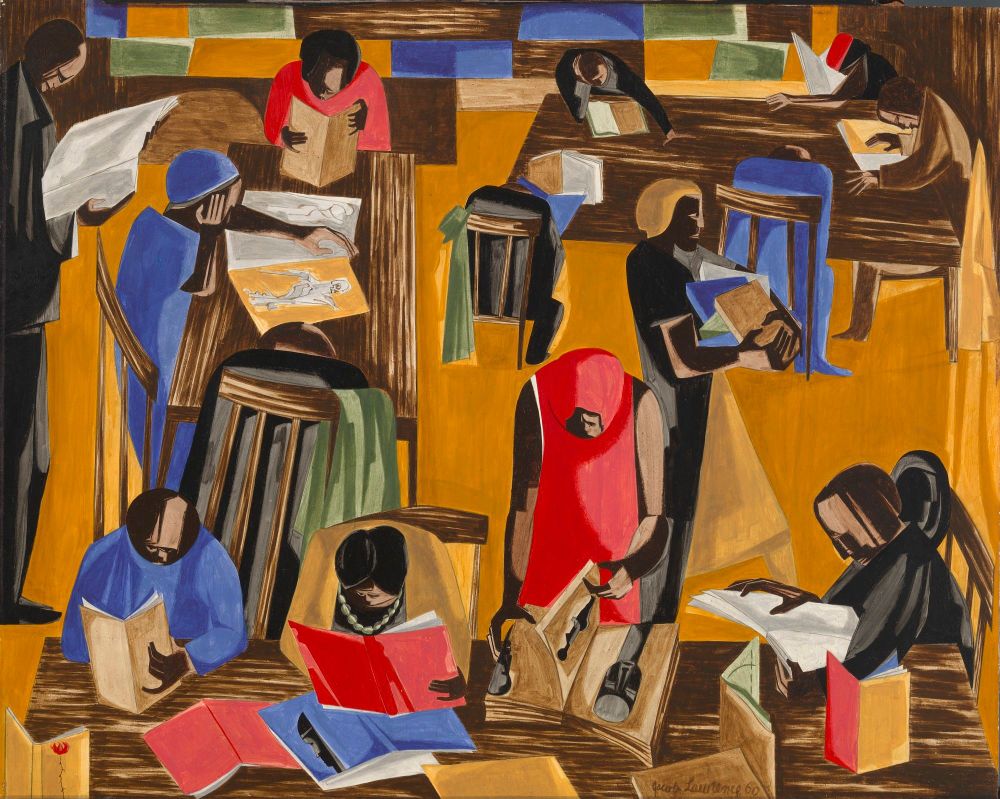 Stylized painting of the interior of a library. People sit at tables reading books or magazines. A figure - perhaps a librarian - walks with an armload of books at right. At left, a man stands reading