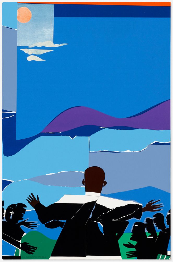 A stylized collagelike representation of a figure, seen from behind - a representation of the Reverend Martin Luther King, Jr. - arms outspreadd, between two groups of silhouetted figures at left and right. A hilly landscape is in the background, with the sun and some clouds in the sky above