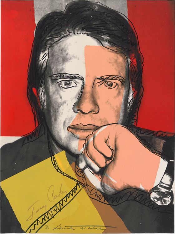 A portrait of President Jimmy Carter, with overlaid color areas in pink, red, & yellow