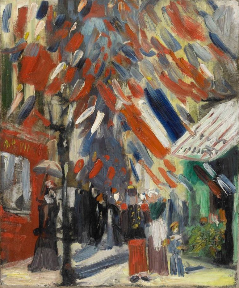Painting with very loose brushwork depicting red, white & blue banners and flags hanging over a street with a lamppost, stores, and human figures on the street below
