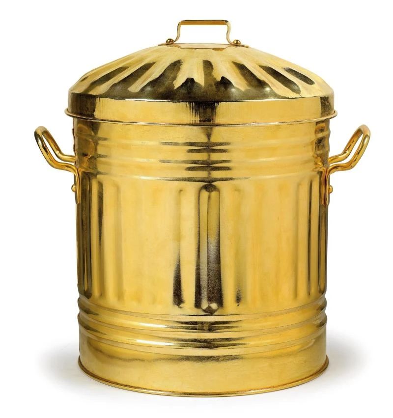A metal garbage can with lid, plated in 24-karat gold