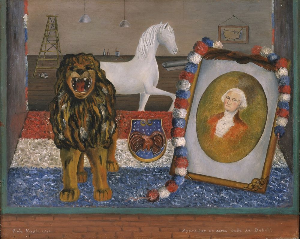 Painting of a window display, with American patriotic elements including image of George Washington and eagle, in front of empty space behind them