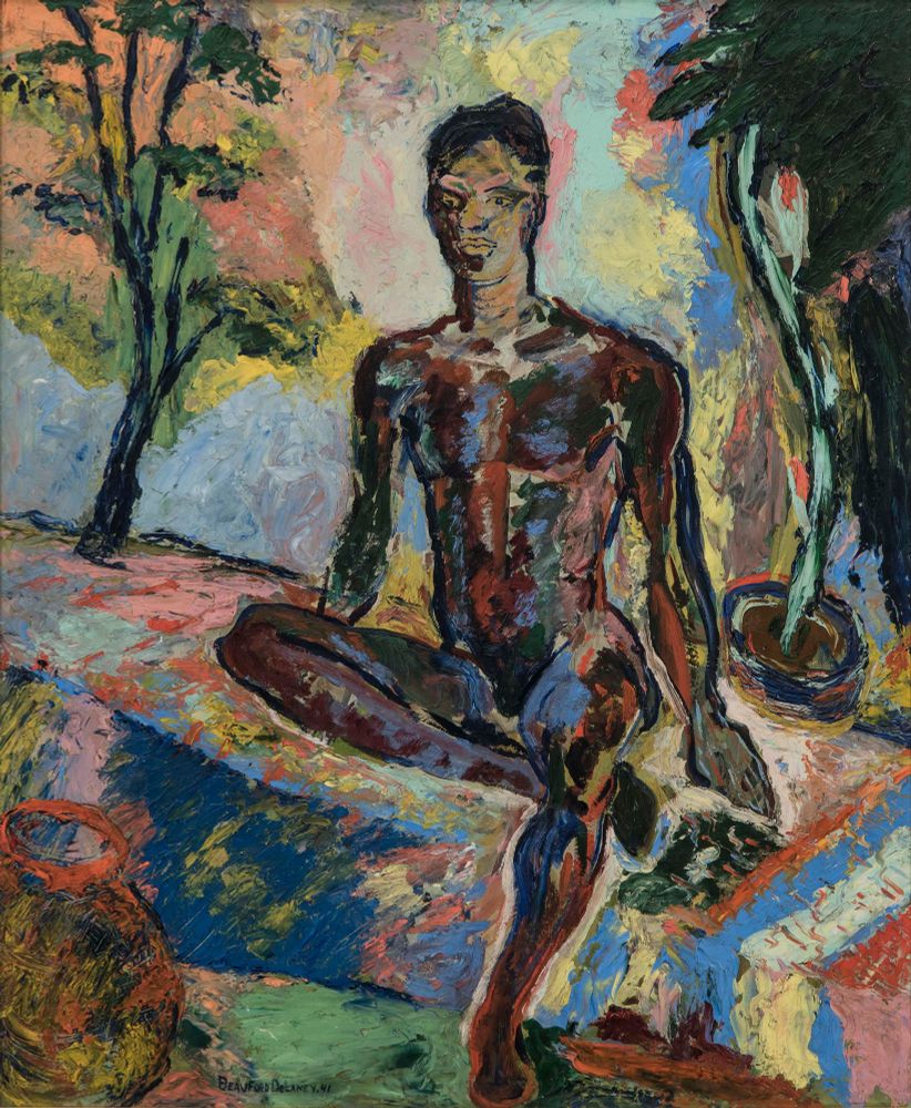 Colorful painting of a seated figure in a landscape