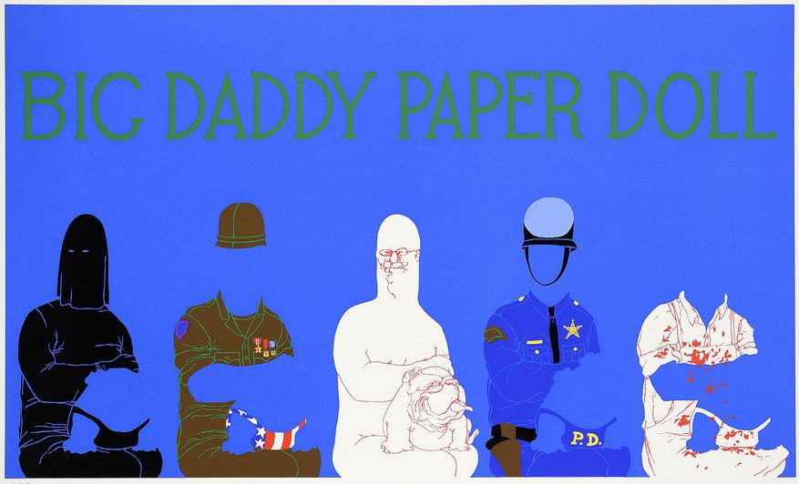 Field of blue with text above reading "Big Daddy Paper Doll," with various paper doll-like costumes - hooded klansman, soldier, cop - and figure with dog on his lap at center