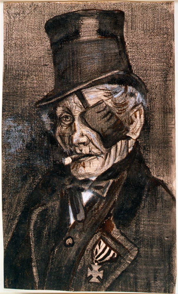 Drawing of an older man in top hat, with eye patch and military medal on his lapel, smoking a cigar