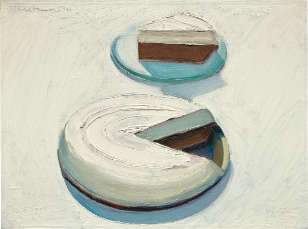 Painting of a chocolate meringue pie in the foreground with a slice cut out of it, and the slice on a plate in the background