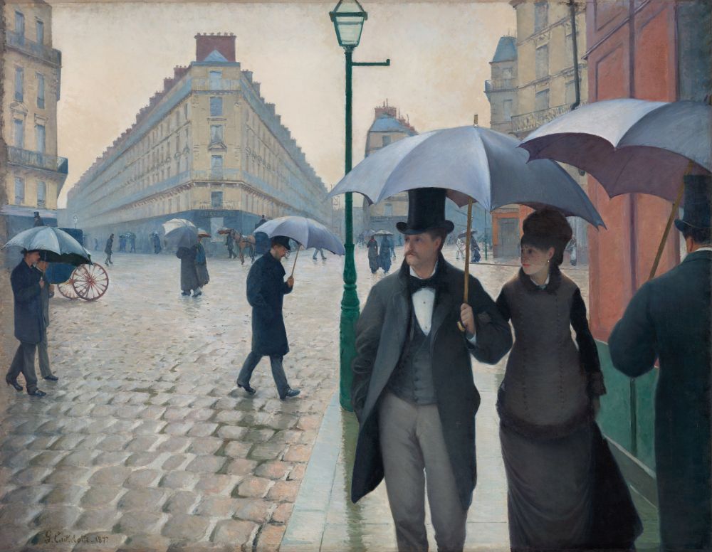 Painted scene of rainy day in wide Parisian boulevard, with lots of figures holding umbrellas
