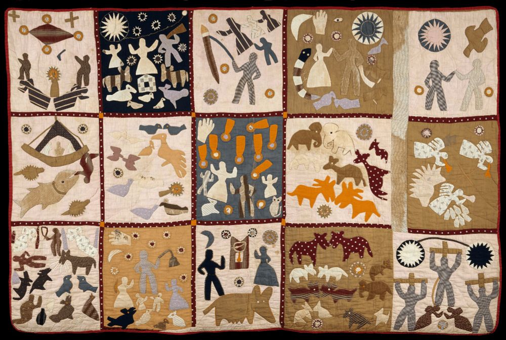 Quilt with 15 panels based on narrative & biblical scenes