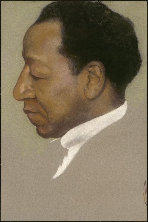Painted image of artist Beauford Delaney, seen from the side, his eyes downturned, his white collar the only piece of his clothing visible