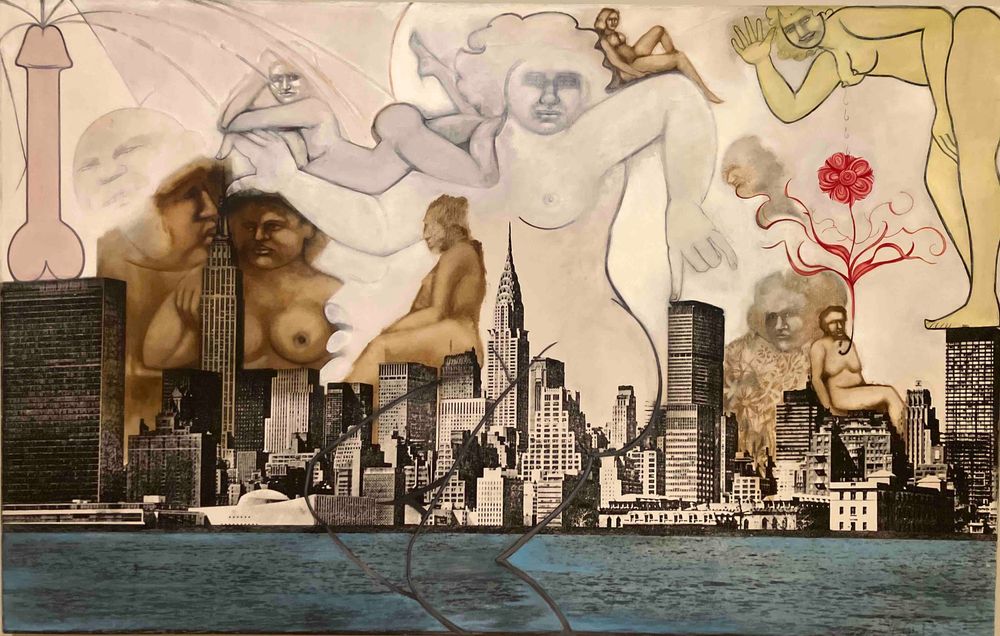 Painting and collage of NYC skyline with figures of women and one ejaculating penis (the latter at upper left, just to be specific about the verbal description). 
