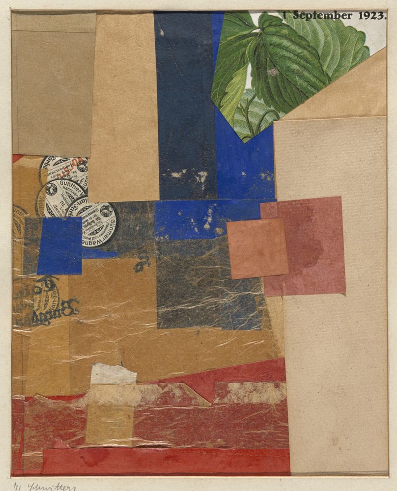 A collage of largely abstract shapes and forms, with an apparently printed text at upper right reading 