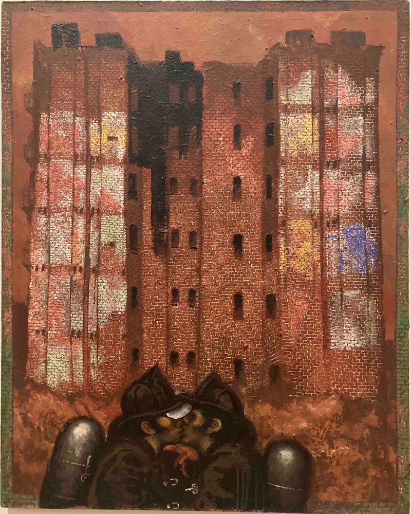 Painting of two firefighters kissing in front of dilapidated brick tenement buildings