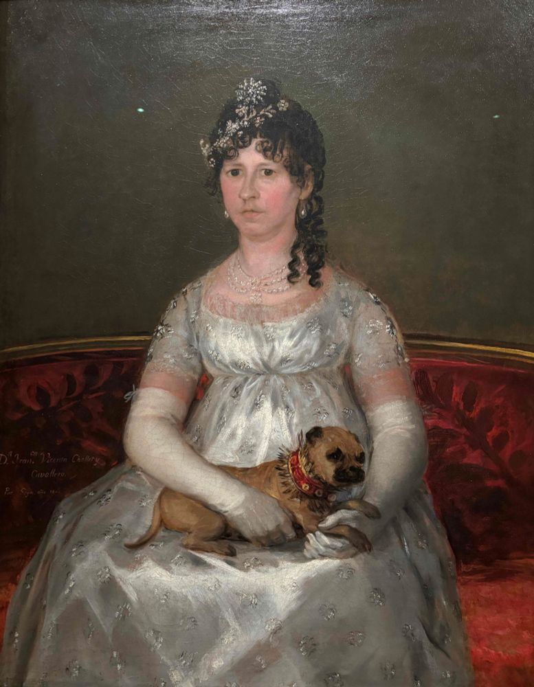 Portrait of an upper class woman, in white dress, with adorable dog in her lap. The dog is well behaved and is being a very good boy