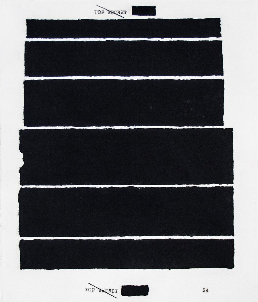 Page with "Top Secret" at top & bottom crossed out, with large black horizontal bands between, ostensibly redacted text