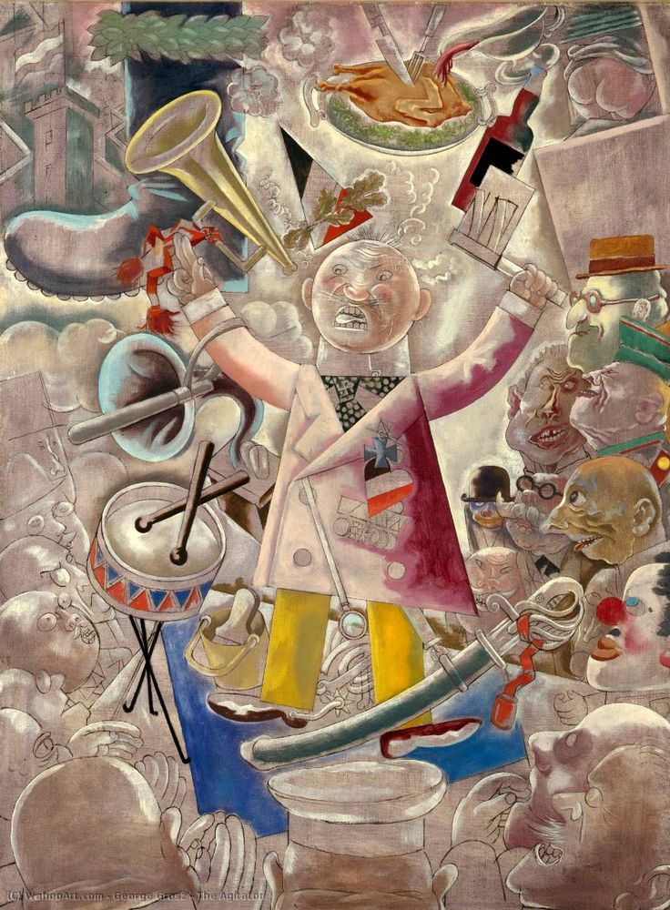 Somewhat cartoonlike painted rendering of a male figure at center, rousing a crowd with a noisemaker, megaphone, drums, etc.