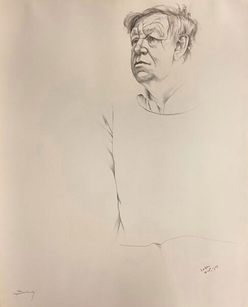 Drawing of a man with heavily lined face, his body only partially delineated