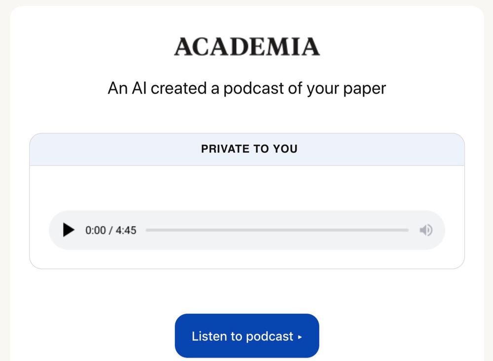 Screen grab from website Academia.edu, with message "An AI created a podcast of your paper," the label "Private to you," and a button to listen to the podcast
