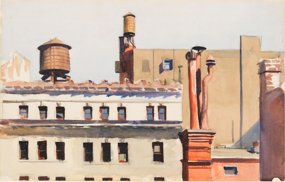 Painting of a city skyline emphasizing the rooftops