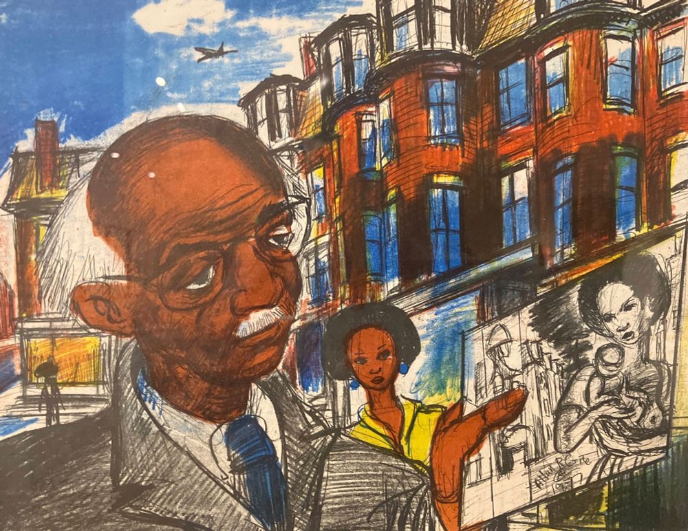 Drawing of older man with glasses holding up image of woman and child, against urban background