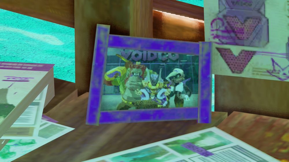 void kong's framed photo of himself alongside grumpy kong and poppy kong