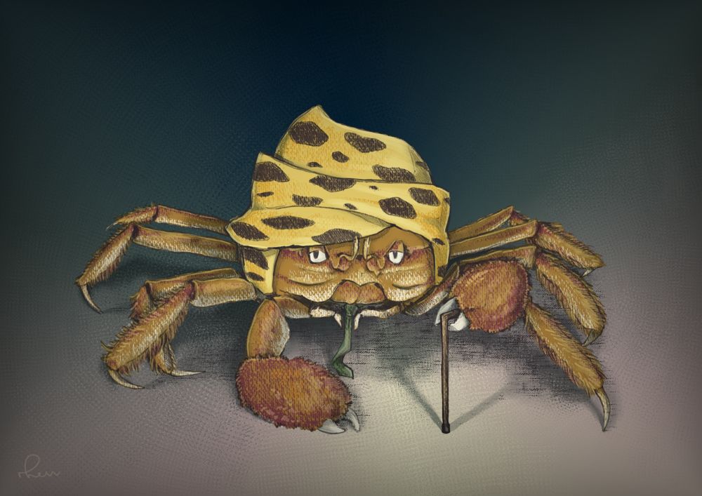 chinese mitten crab holding a walking cane and wearing a tie and a spotted hat wrapped around its head