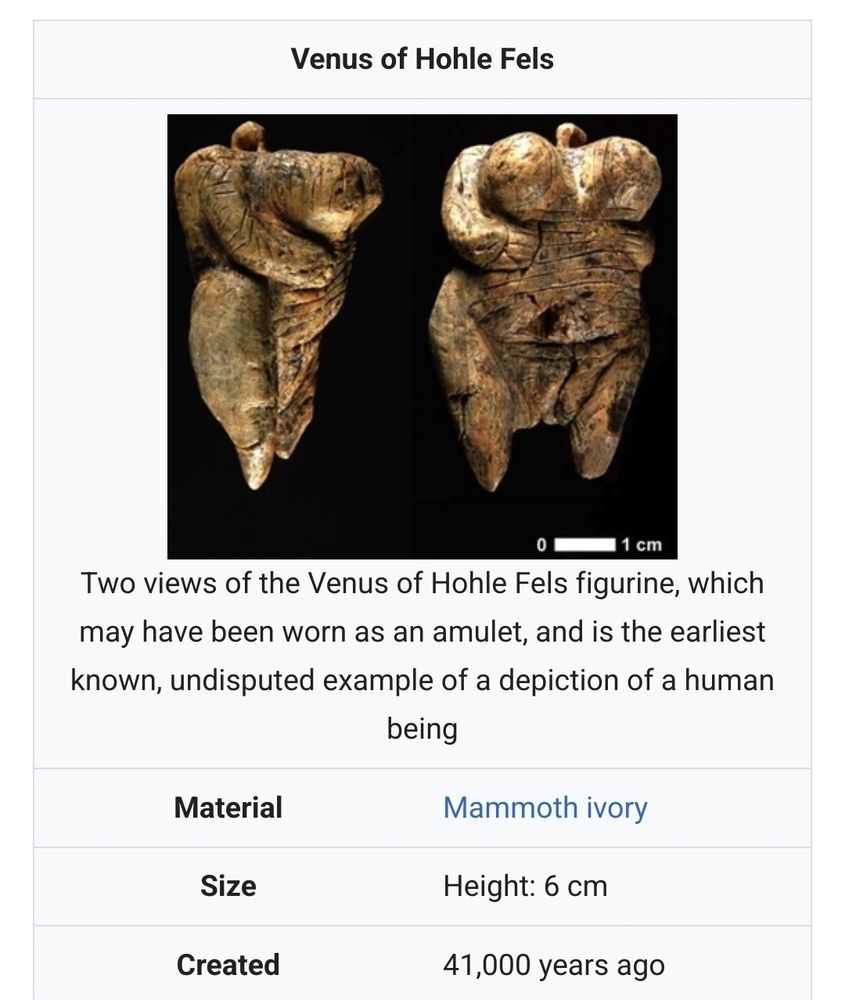 wikipedia summary of "venus of hohle fels", erotic sculpture created 41,000 years ago
