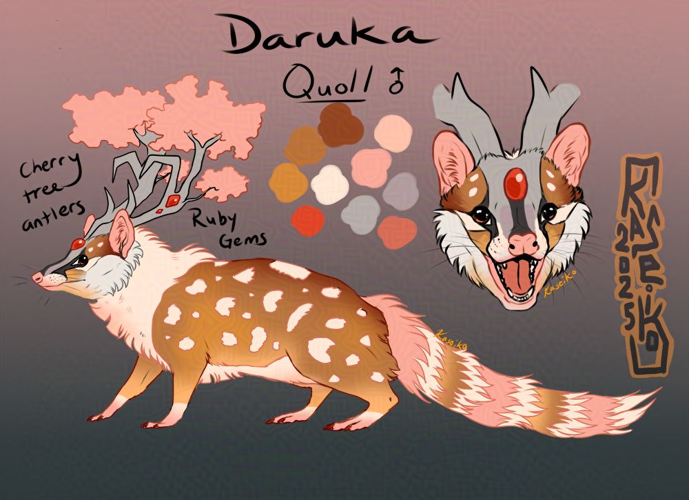 Daruka, a quoll with cherry blossom tree antlers, and red gems