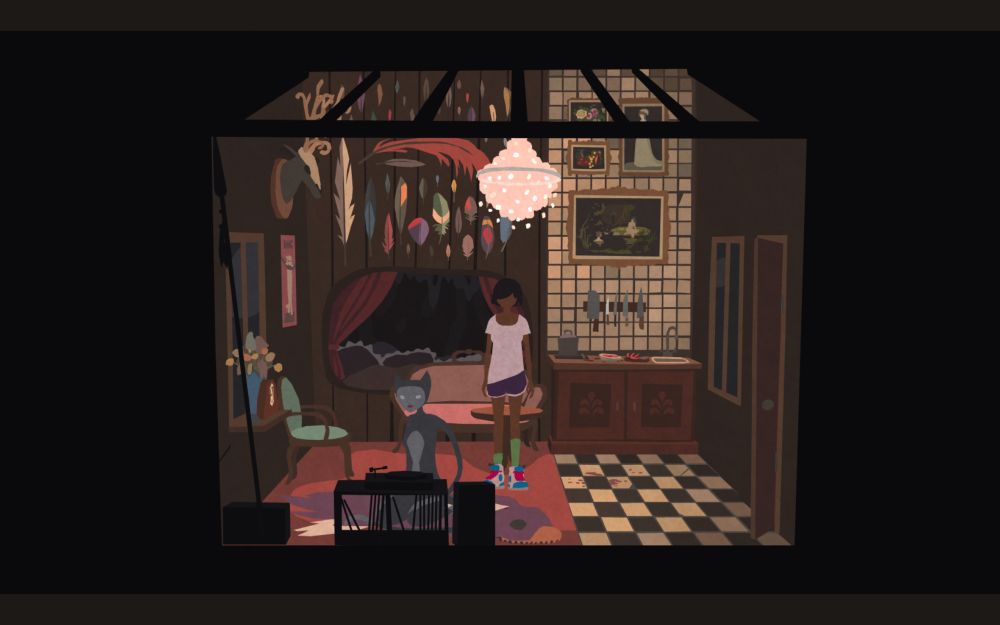 Kai, Mutazione's player Character and Mui in Miu's home. Kai is standing behind Miu, who is listening to records. The room is split between a kitchen area and a living area. Baroque paintings and a collection of feathers on the wall, a head of a deer and and poster that reads "hang in there, kitty!"