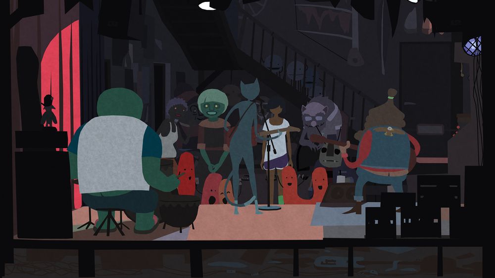 Screenshot from the game. The cast of the game is gathered at Spike's Bar. Miu, Tung and Spike are on stage playing a concert. You see the band from the back looking into the crowd in the Bar. Kai, the player character stands in the middle of the crowd.