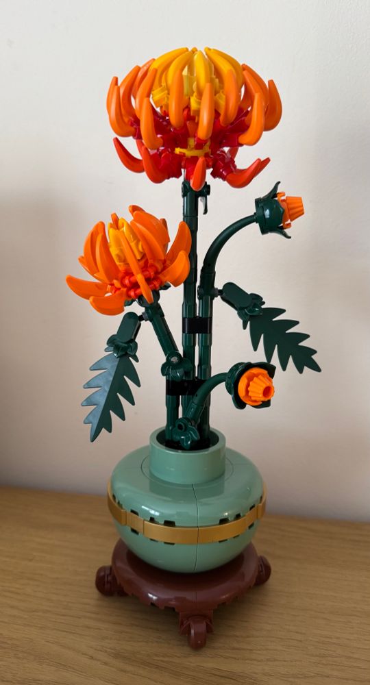 An orange chrysanthemum flower with two large blooms and two buds. The plant is made of LEGO.