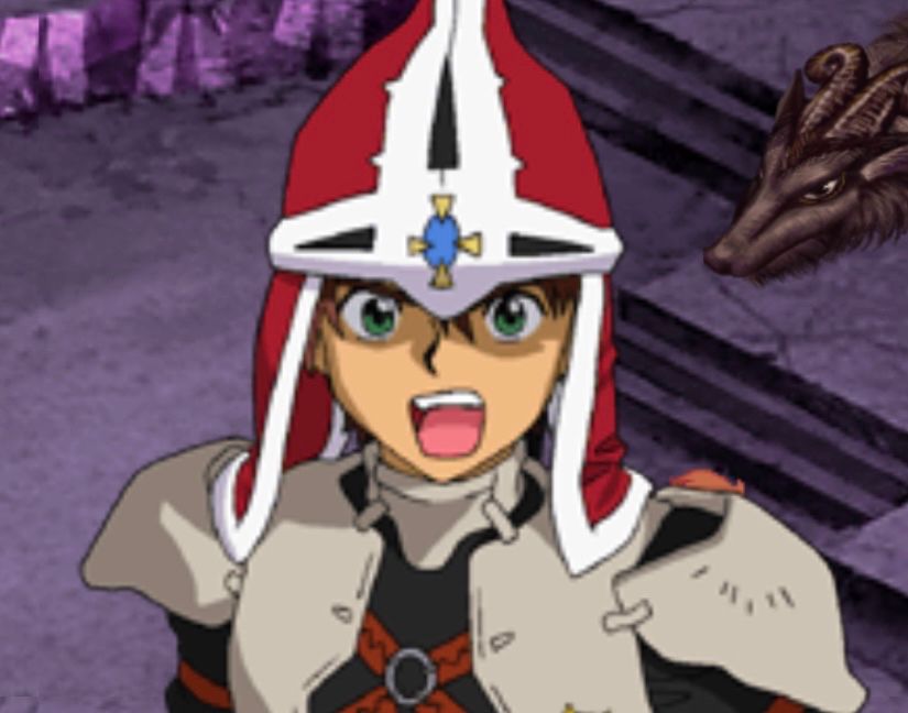 A scene from Lunar Silver Star Complete showing Alex in his Dragon Helm. 