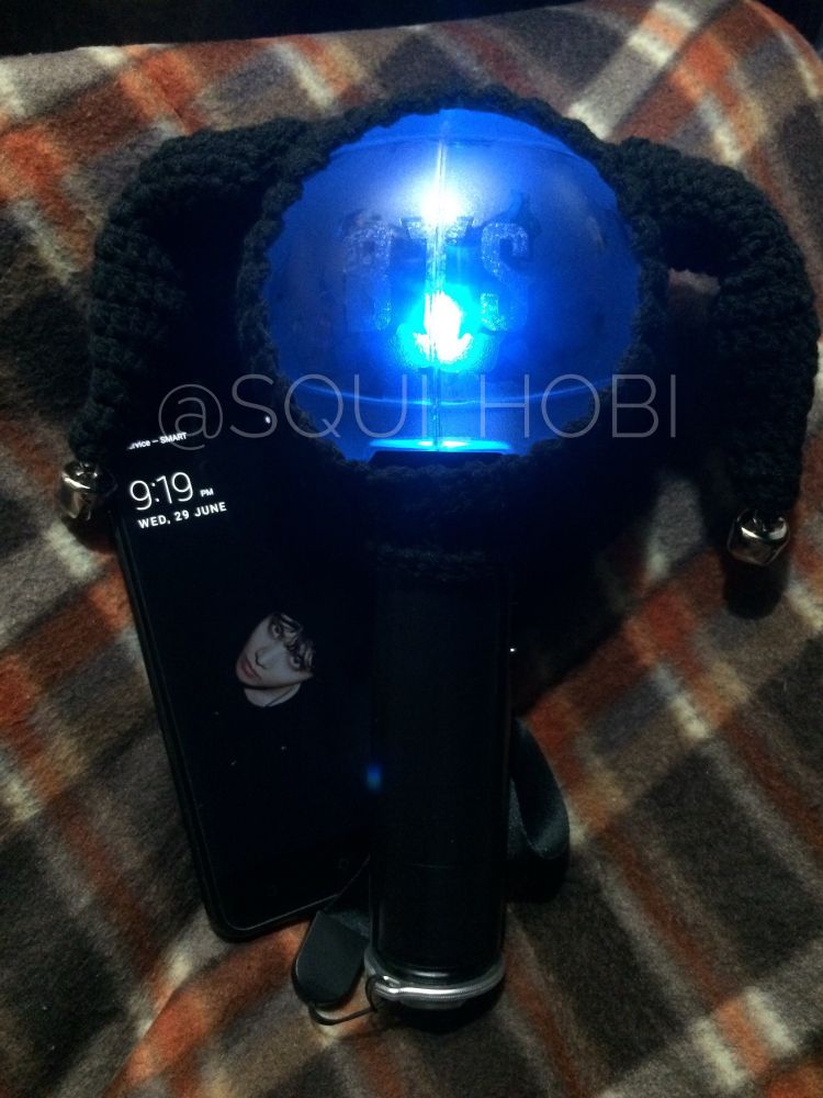 BTS Lightstick with a crochet jester hat cover