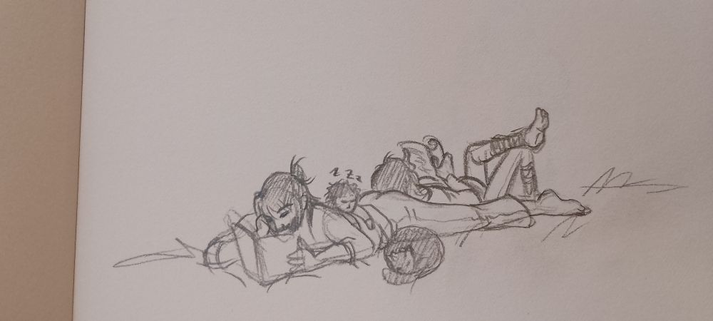A Bad Photo of a pencil Sketch of jayce and Viktor and one of their kids. They are chillibg on the Grass, Reading, while the Kid is sleepibg, slung over Jayce's Back. Viktor is using jayce's butt as a pillow. There is a hint of Baby bump bell on Viktor.