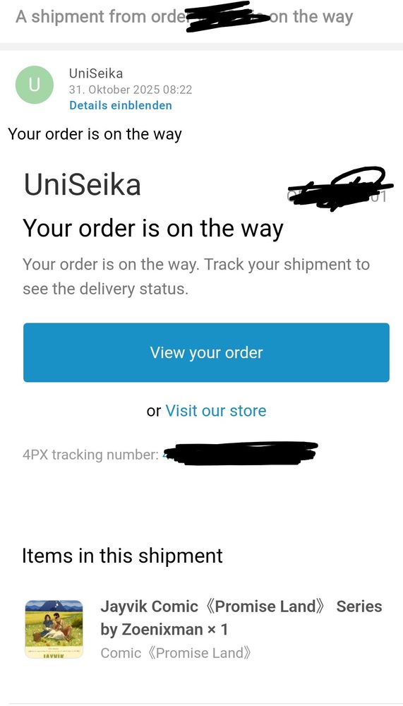 A Screenshot of an Order confirmation Email. It says the jayvik zine promised Land ist on its way
