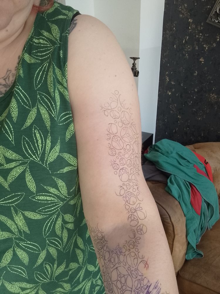 A Photo of a tattoo stencil on an upper and middle arm