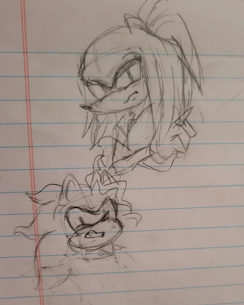 A bust sketch of my Knuckles design from my Sonic Underground: Rewritten project, his arms are crossed and he has an angry expression. Below him is my Manic design, with a similarly anrgy expression.