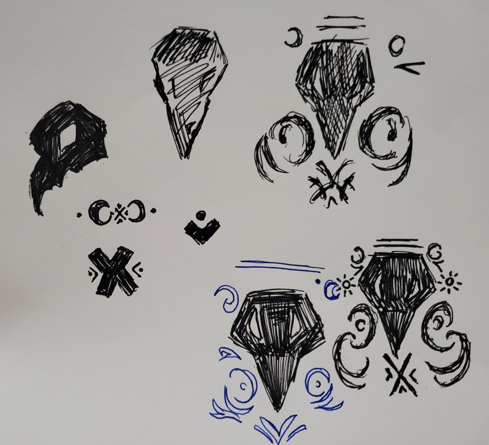 Multiple messy pen drawings of crow skulls and symbols surrounding them.