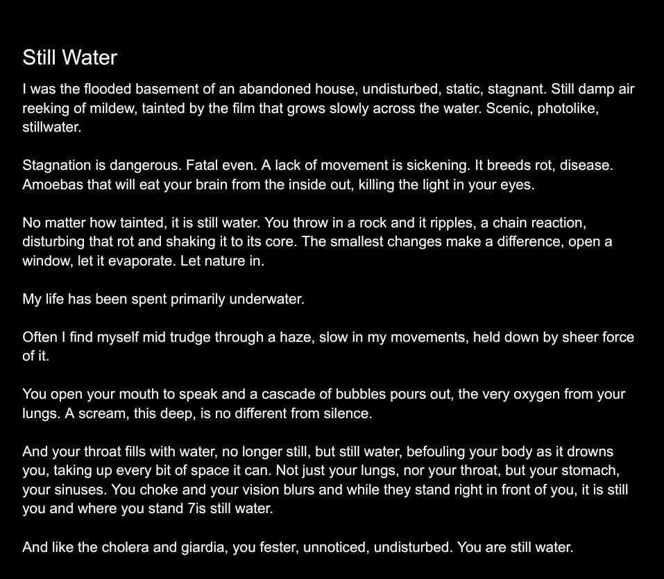 A writing piece titled "Stillwater"