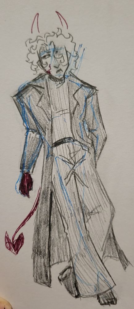 A full-body pencil sketch of Elijah