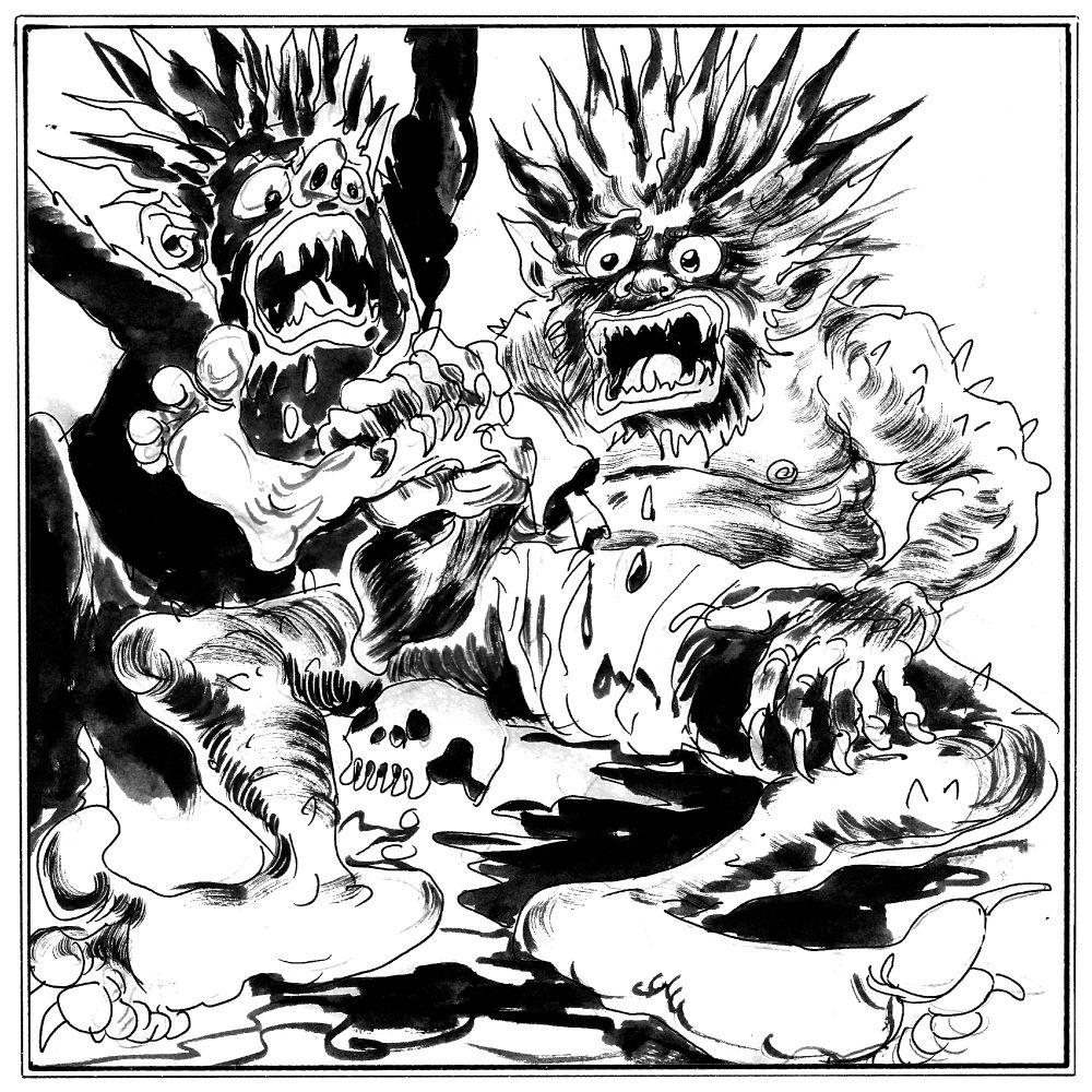 Two pisachas with spiky hair enjoying a tasty human foot