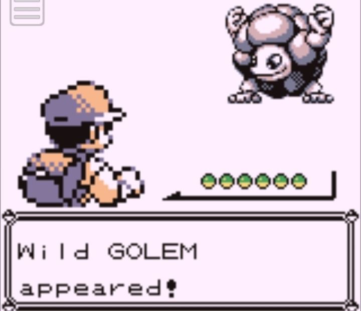 Pokémon Blue screenshot of the Trainer Red starting a random encounter with a goofy looking Golem