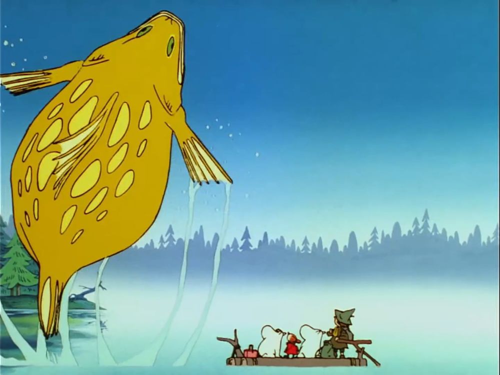 The huge Golden Fish leaping over a stunned Moomin, Snorkmaiden, Little My and Snufkin on a tiny raft in a lake.