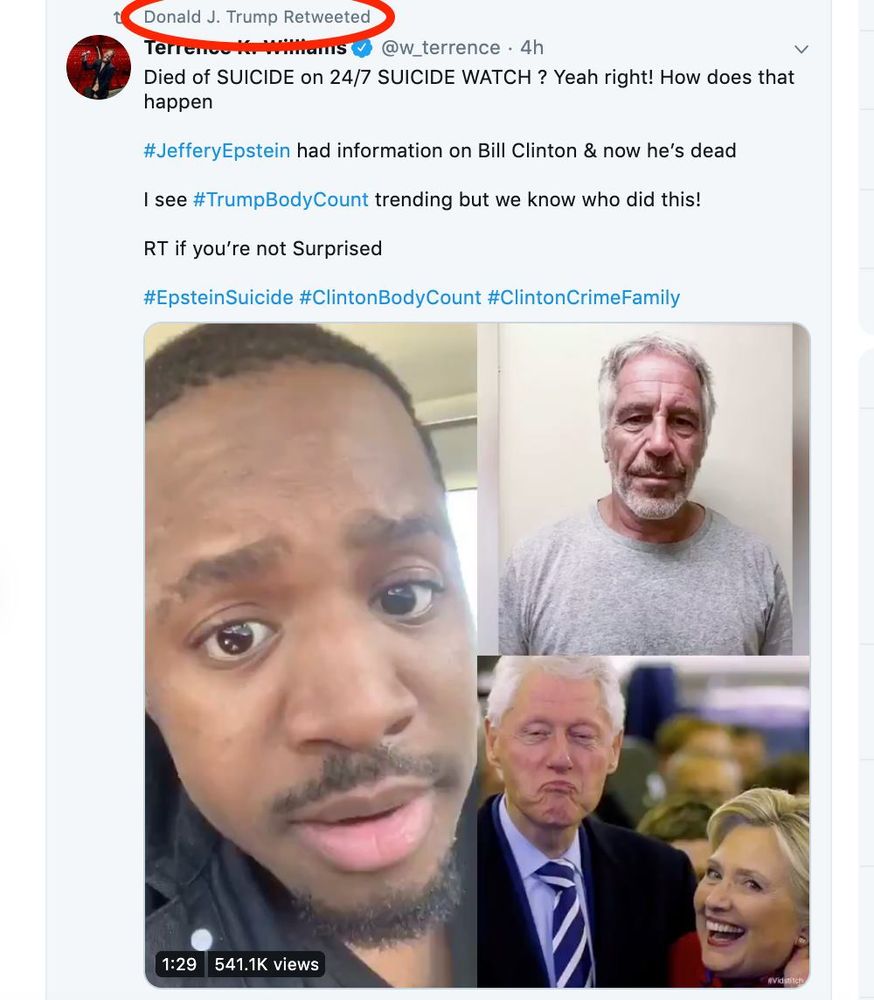 Screenshot of a Donald Trump retweet: an insane video of an #EpsteinSuicide #ClintonBodyCount tweet