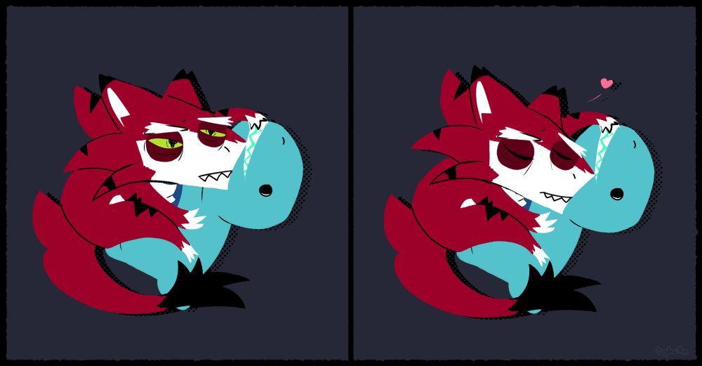 Two-panel comic of Maddak cuddling his plushie named Wallace. 