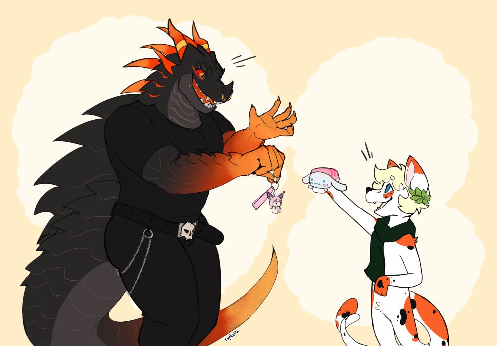 Vegas (character on the left) receiving Sanrio merchandise from Suchi (character on the right).