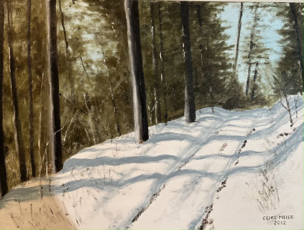 Painting of snowy trail in the woods.