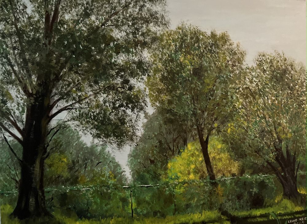 Painting of green trees along a fence. 