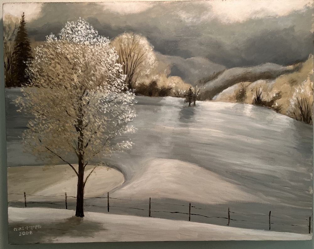 Painting of snowy landscape with pond and tree in a valley.